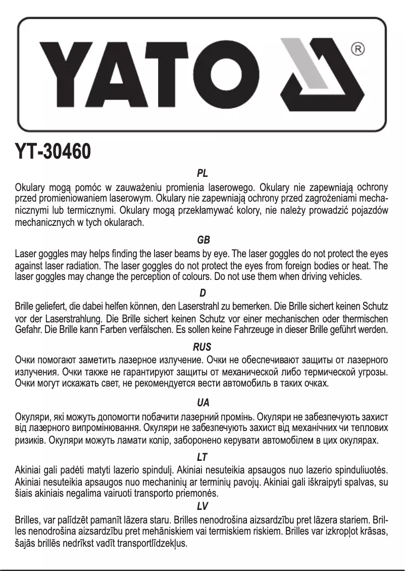 Page 1 de la notice Manuel utilisateur Yato YT-30460