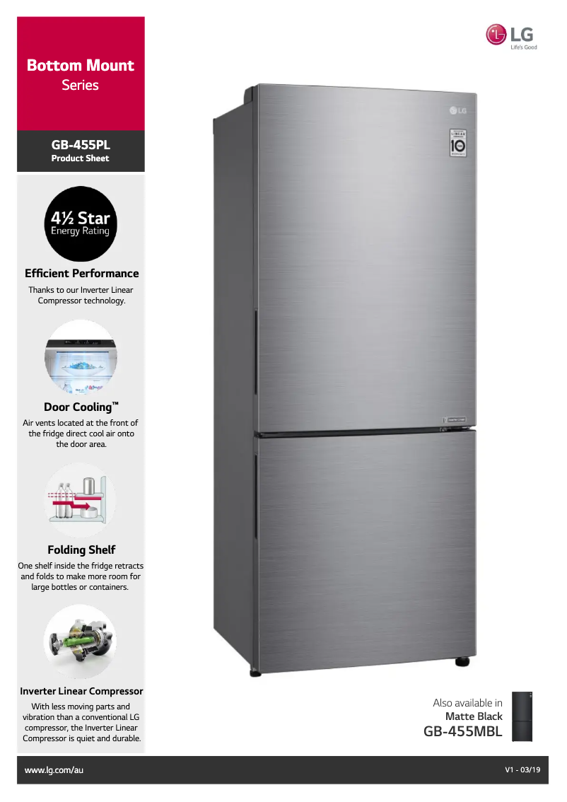 Page 1 de la notice Fiche technique LG GB-455PL