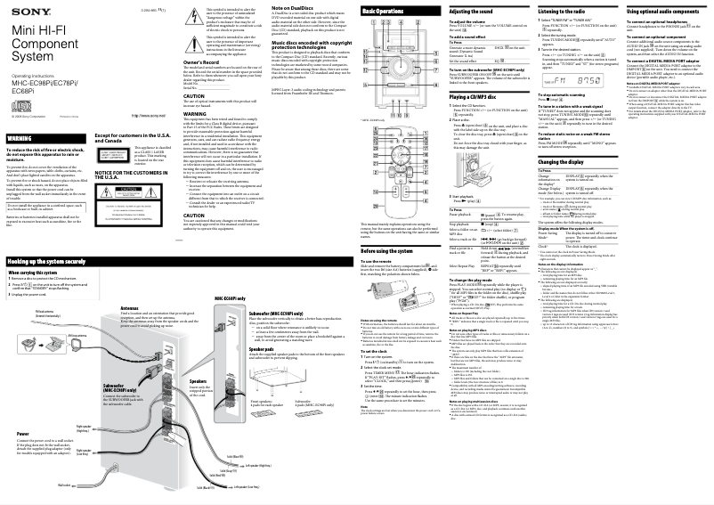 Page n°1 - Manuel utilisateur Sony MHC-EC98Pi