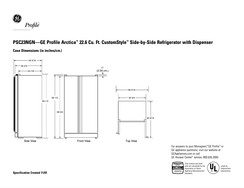 Page n°1 - Fiche technique GE Profile Arctica CustomStyle PSC23NGNCC