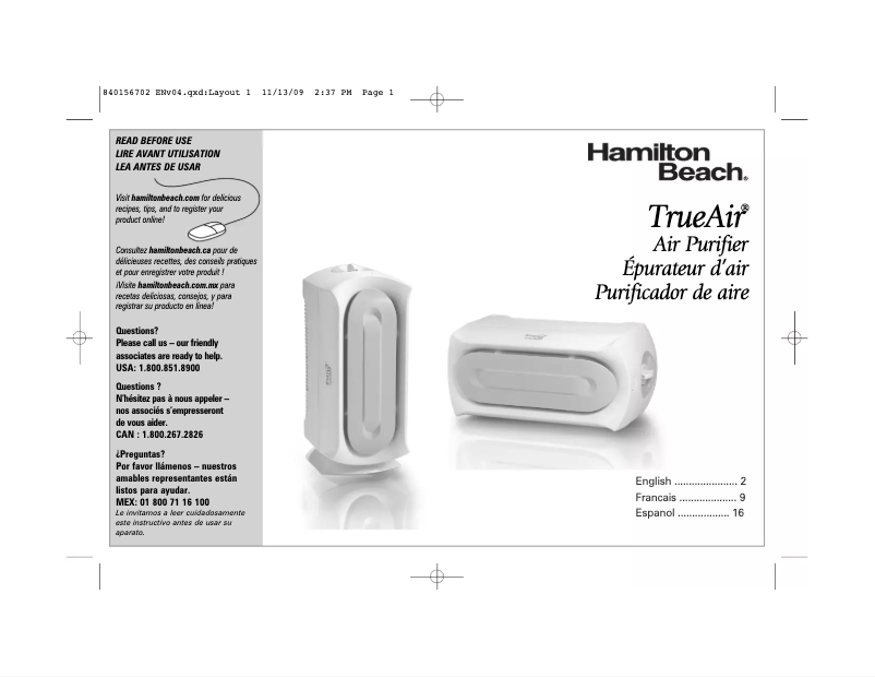 Page 1 de la notice Manuel utilisateur Hamilton Beach True Air 04384
