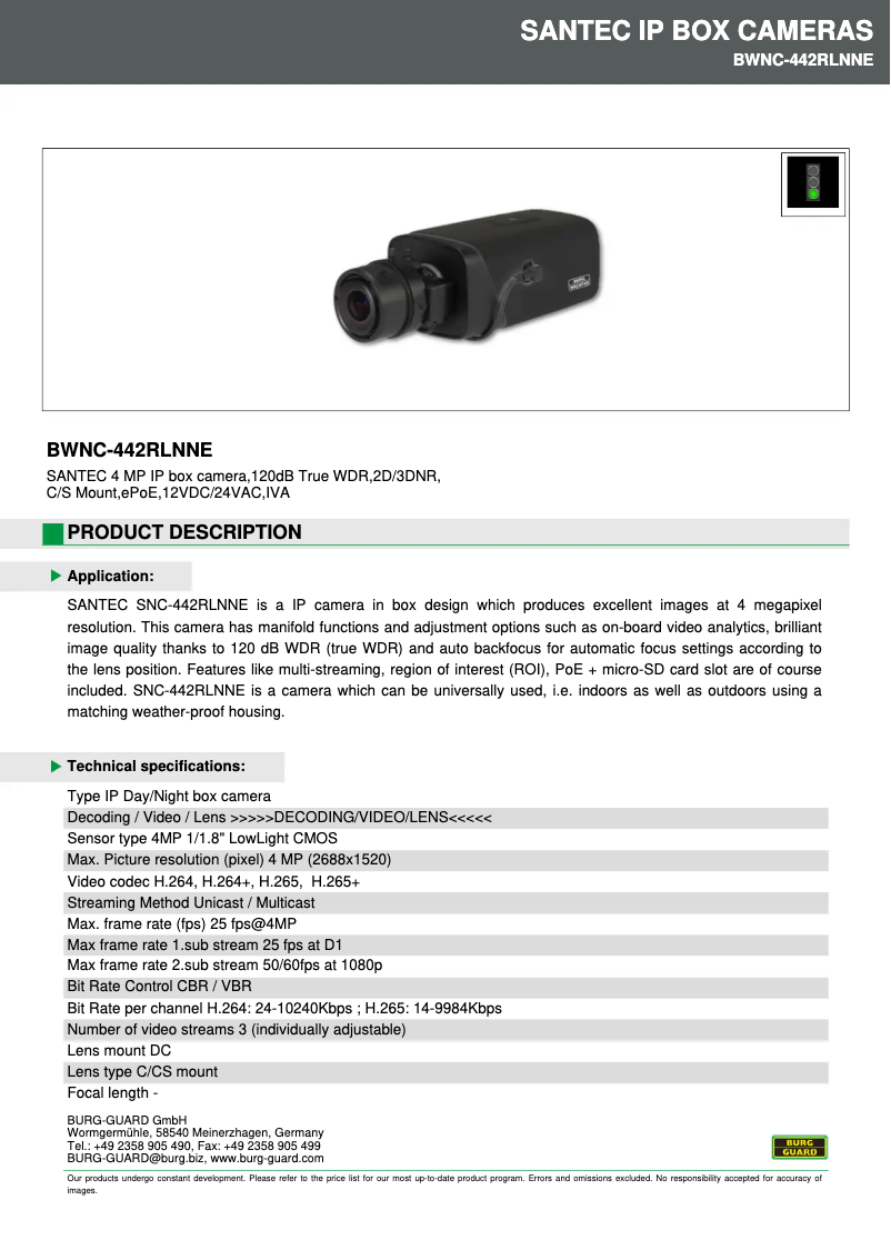 Page 1 de la notice Fiche technique Burg Wächter BWNC-442RLNNE