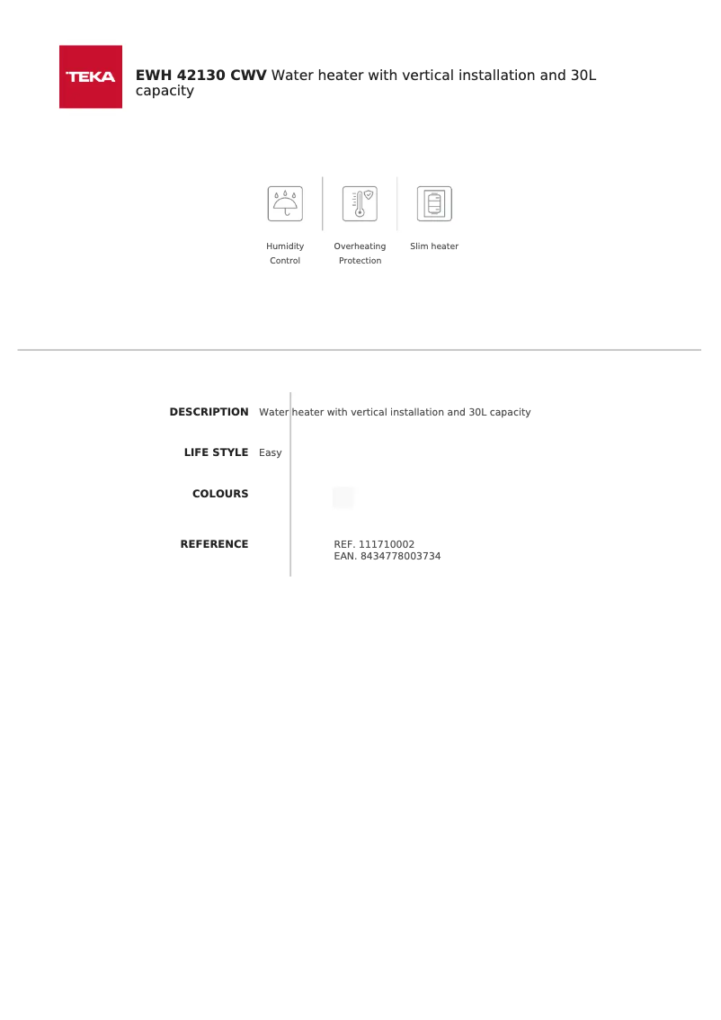 Page 1 de la notice Fiche technique Teka EWH 42130 CWV