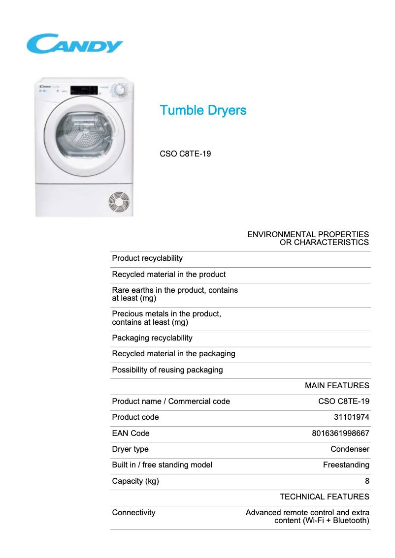 Page 1 de la notice Fiche technique Candy CSO C8TE-19