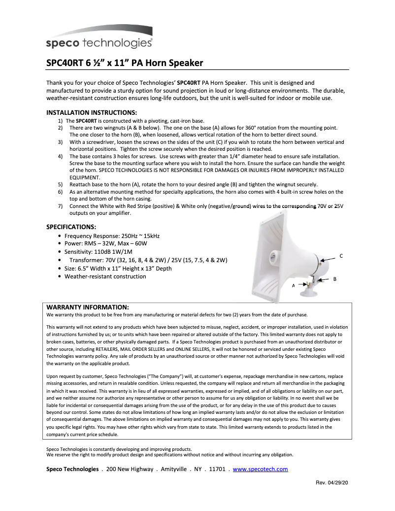 Page 1 de la notice Manuel utilisateur Speco Technologies SPC40RT