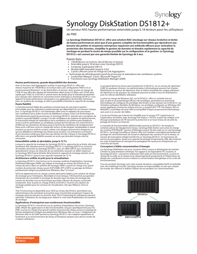 Page 1 de la notice Fiche technique Synology DS1812+