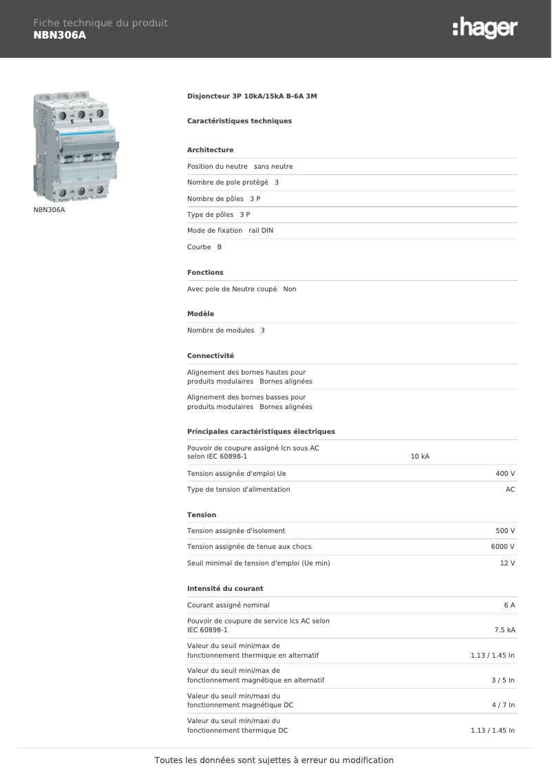 Page 1 de la notice Manuel utilisateur Hager NBN306A