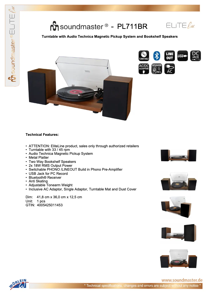Page 1 de la notice Fiche technique Soundmaster PL711