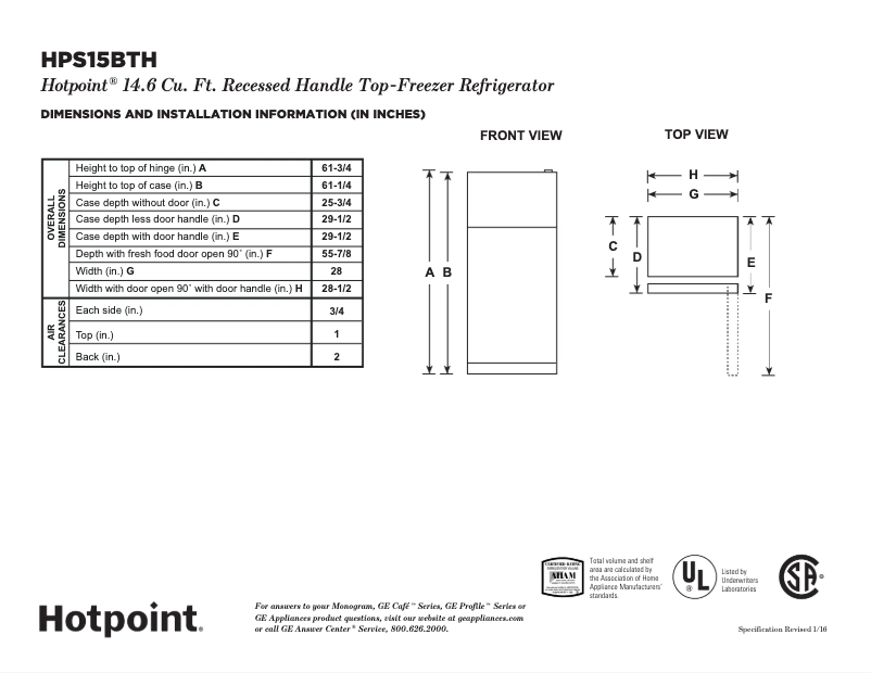 Page 1 de la notice Fiche technique Hotpoint HPS15BTHRCC
