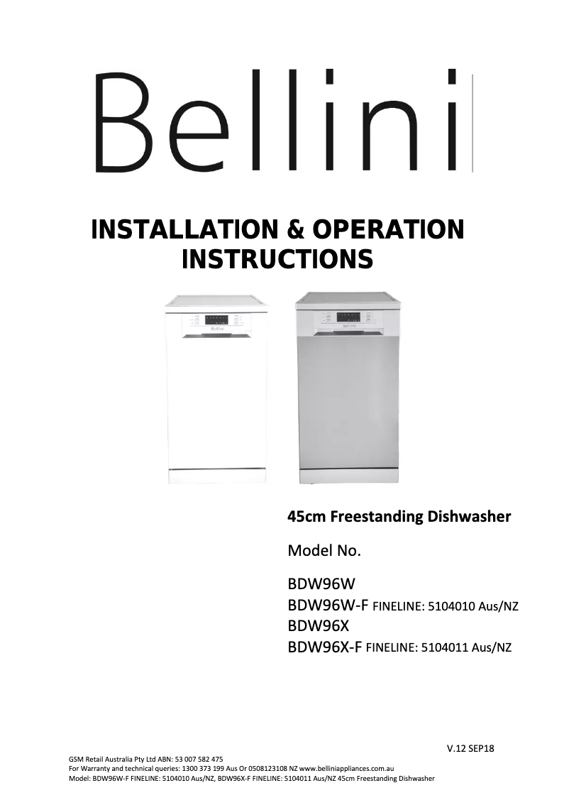 Page 1 de la notice Manuel utilisateur Bellini BDW96X-F