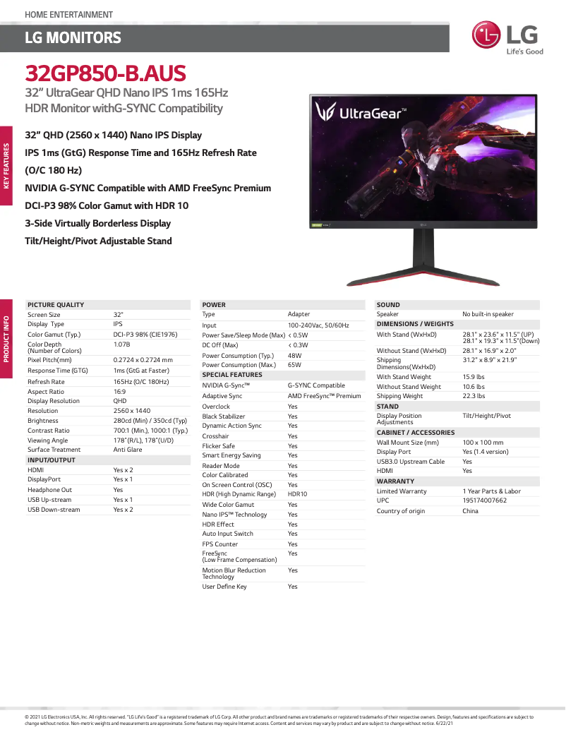 Página 1 del manual Ficha técnica LG UltraGear 32GP850