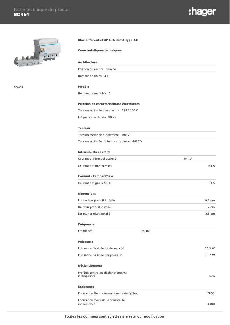 Page n°1 - Fiche technique Hager BD464