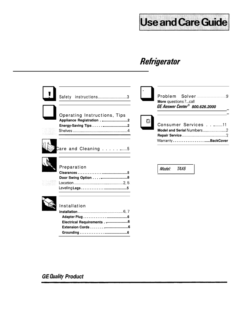 Page 1 de la notice Manuel d'utilisation et d'entretien GE TAX6SNXWN