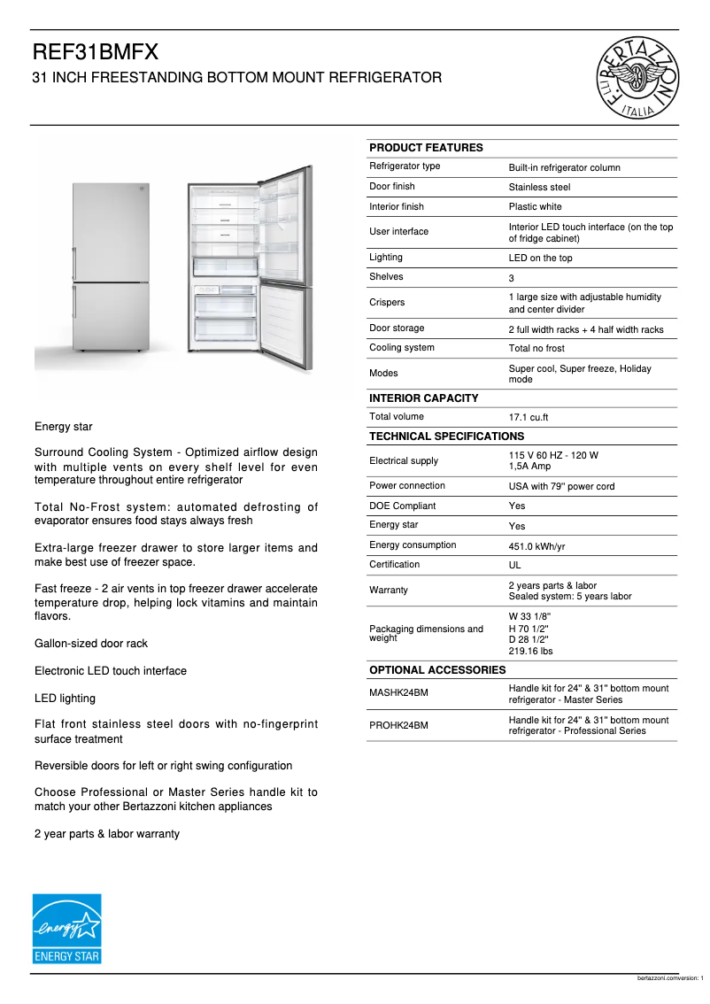 Page 1 de la notice Fiche technique Bertazzoni REF31BMFX