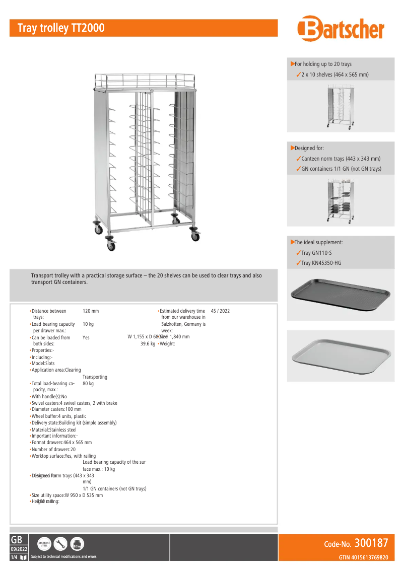Page n°1 - Fiche technique Bartscher TT2000
