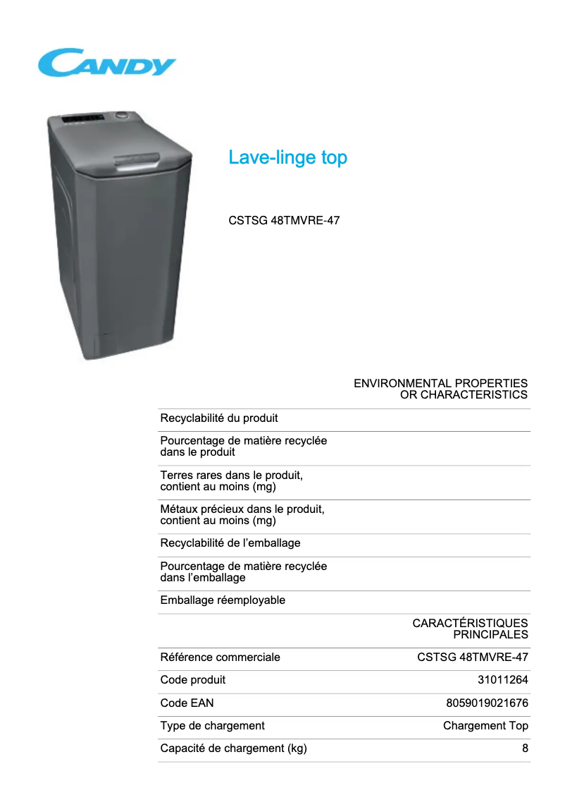 Page 1 de la notice Fiche technique Candy CSTSG 48TMVRE-47