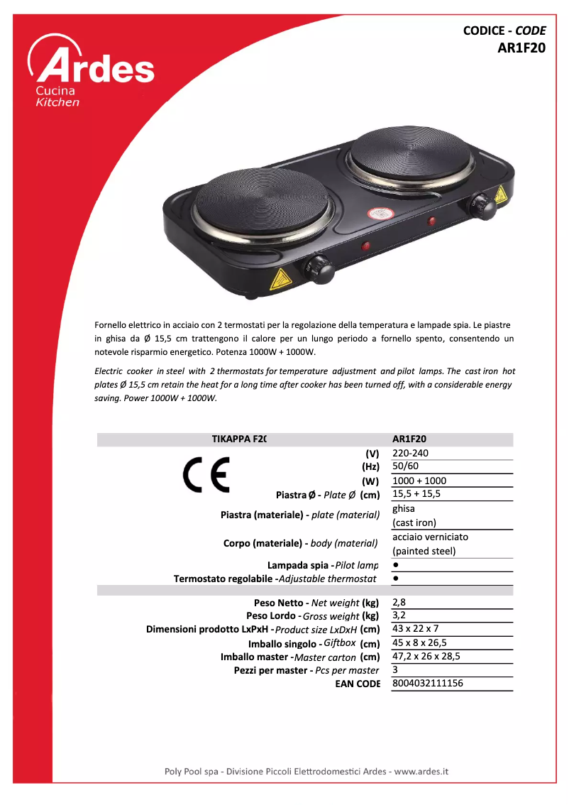 Page n°1 - Fiche technique Ardes AR1F20