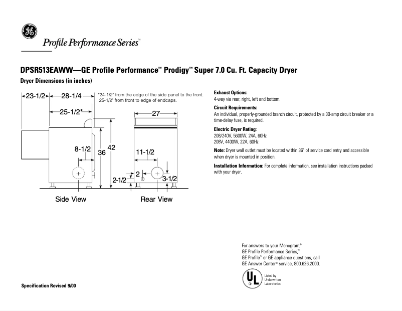 Page 1 de la notice Fiche technique GE Profile Prodigy DPSR513EAWW