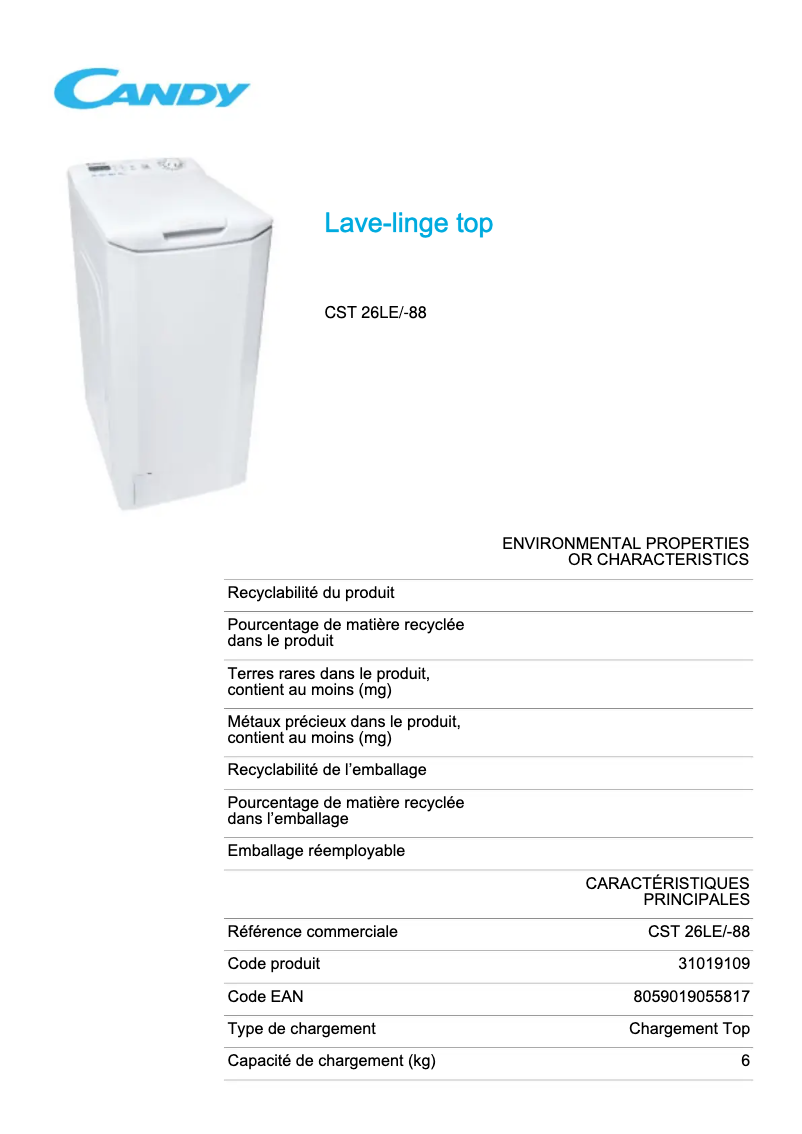 Page n°1 - Fiche technique Candy CST 26LE/-88