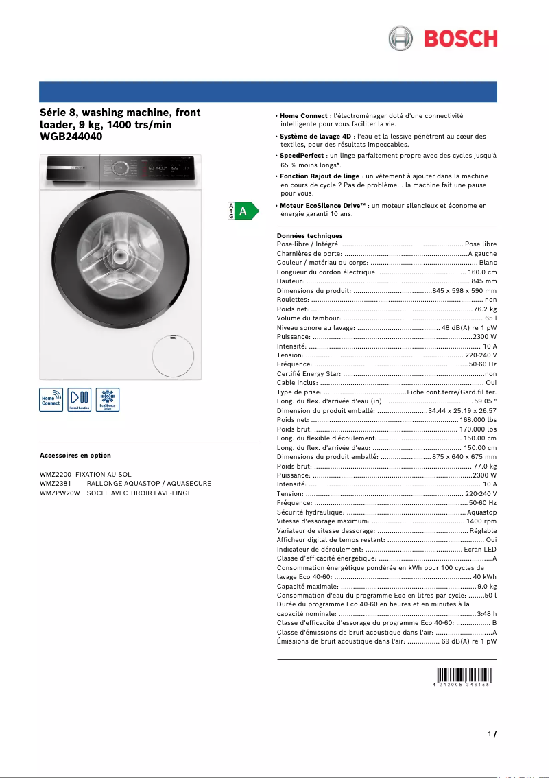Página 1 del manual Ficha técnica Bosch WGB244040
