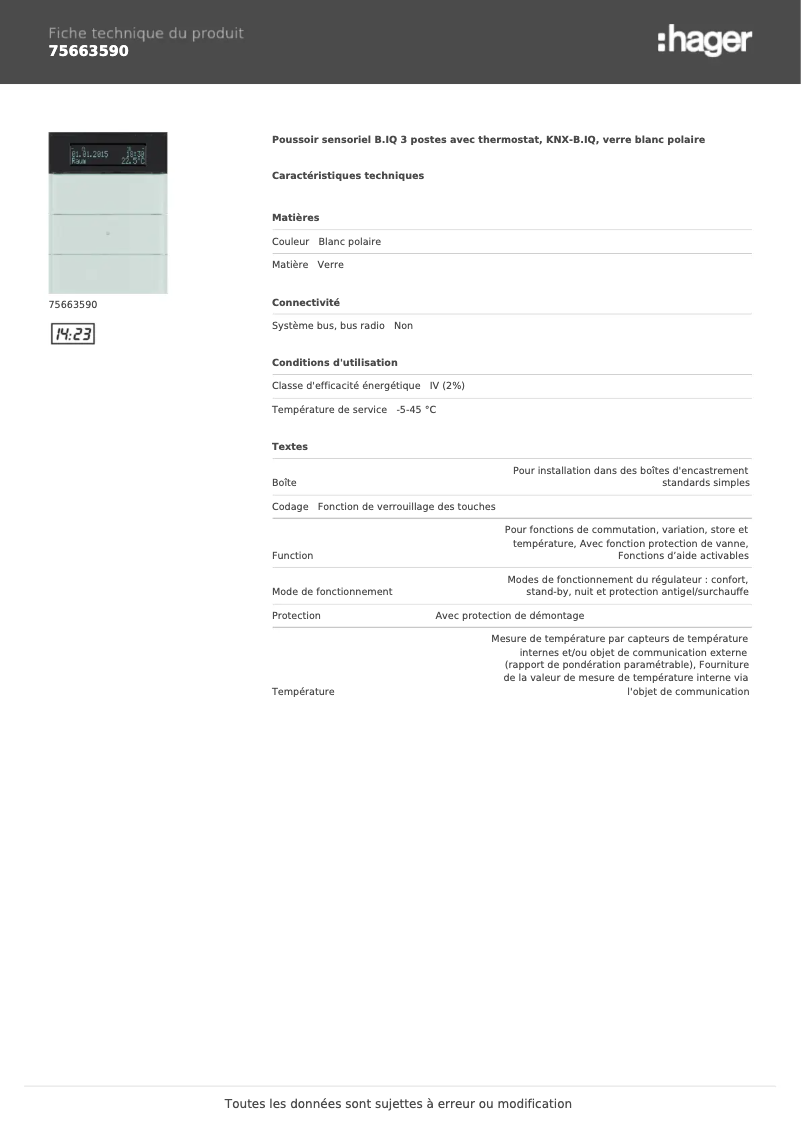 Page 1 de la notice Fiche technique Hager 75663590