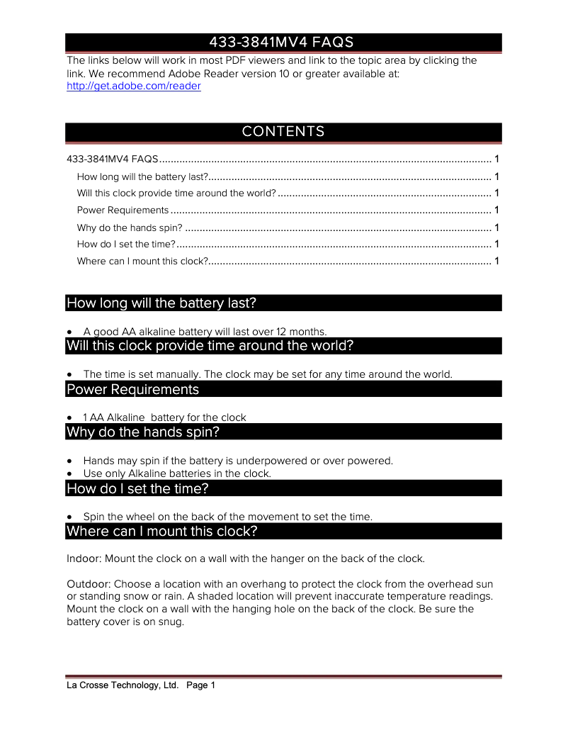 Page 1 de la notice FAQ La Crosse Technology 433-3841MVC4