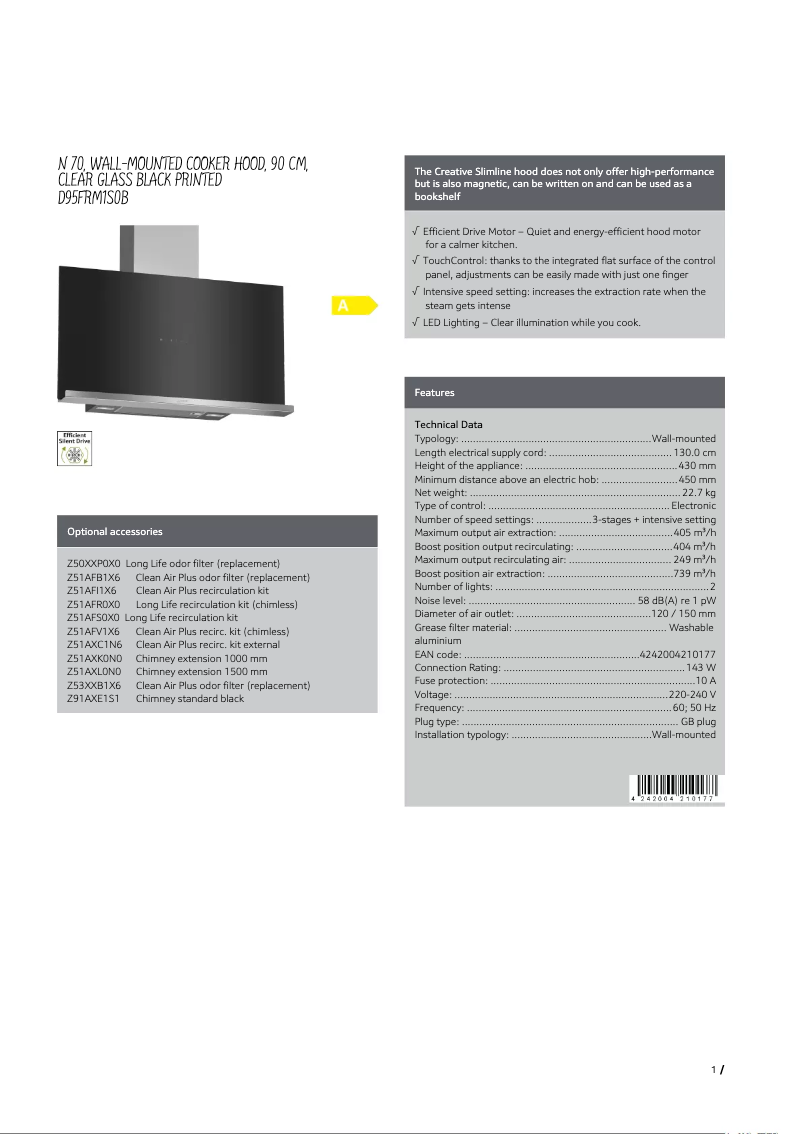 Page 1 of the manual Technical Sheet Neff D95FRM1S0B