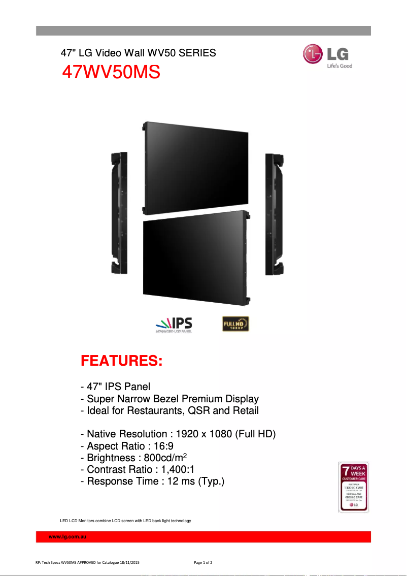 Page 1 de la notice Fiche technique LG 47WV50MS