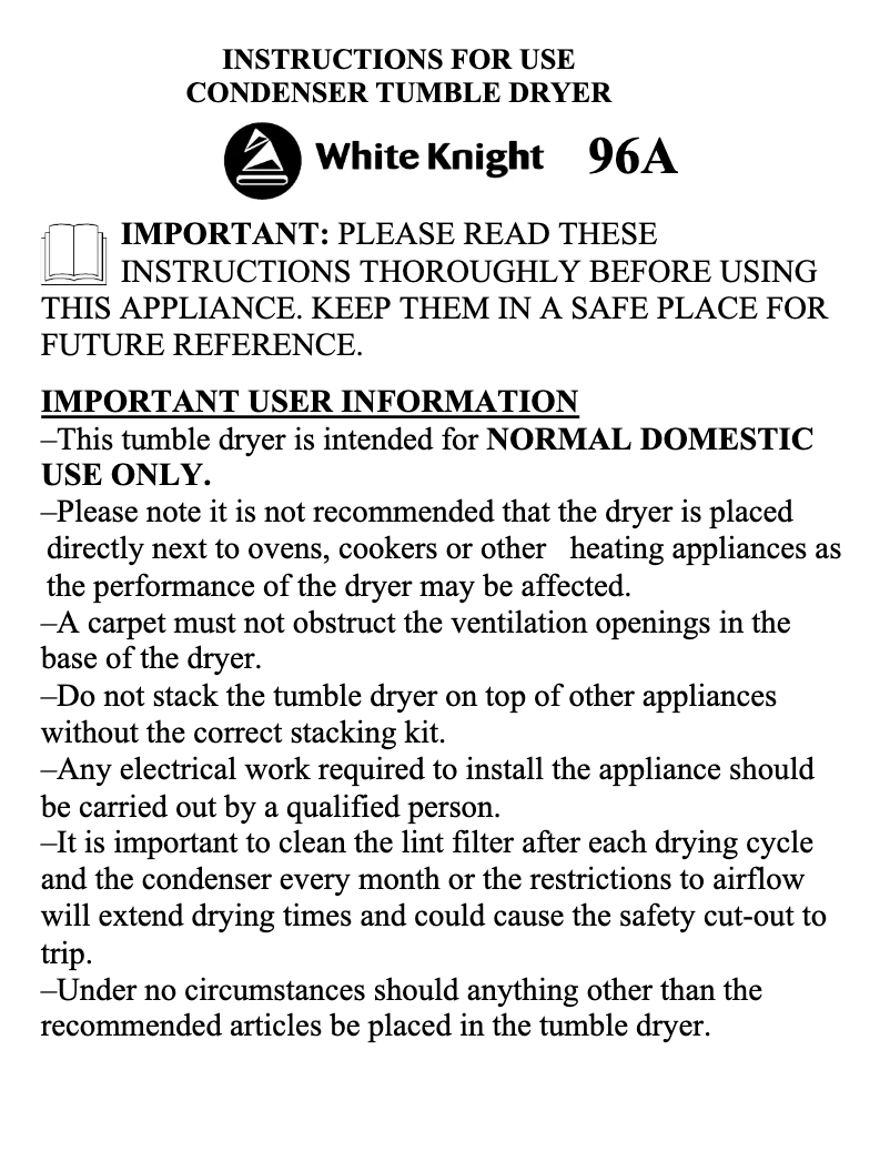 Page 1 de la notice Manuel utilisateur White Knight C96AB-S-W