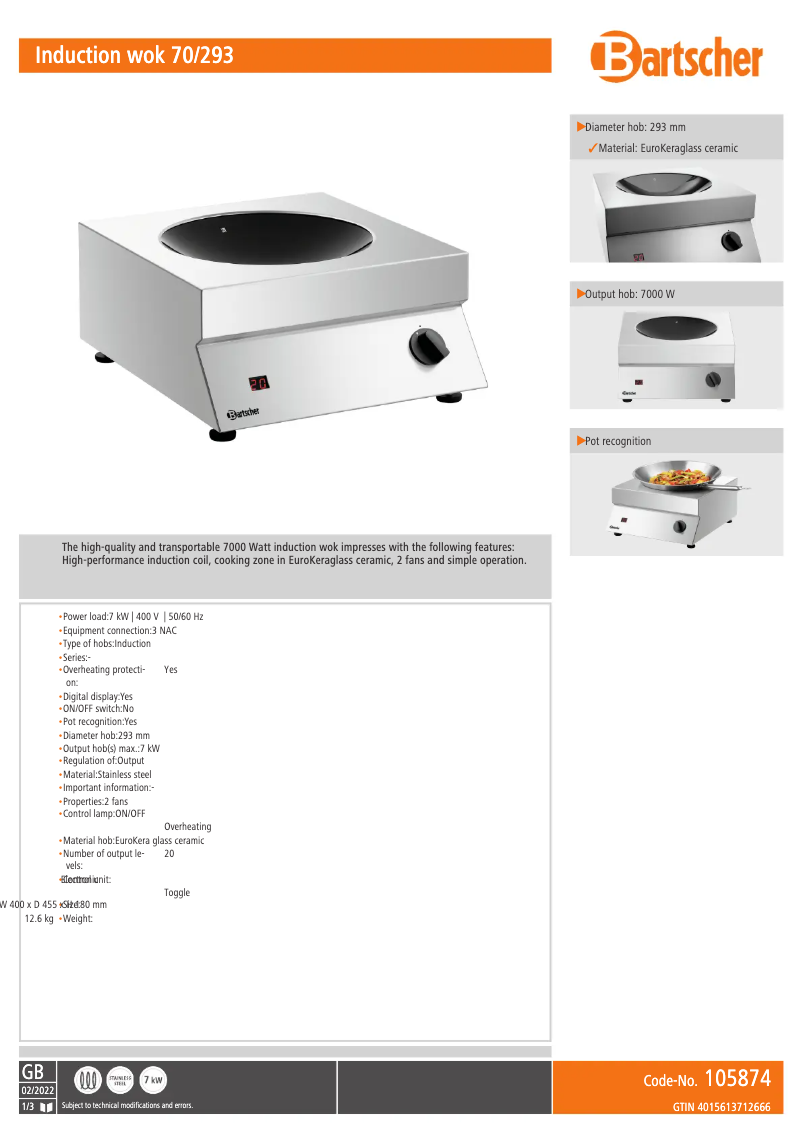Page 1 de la notice Fiche technique Bartscher 105874