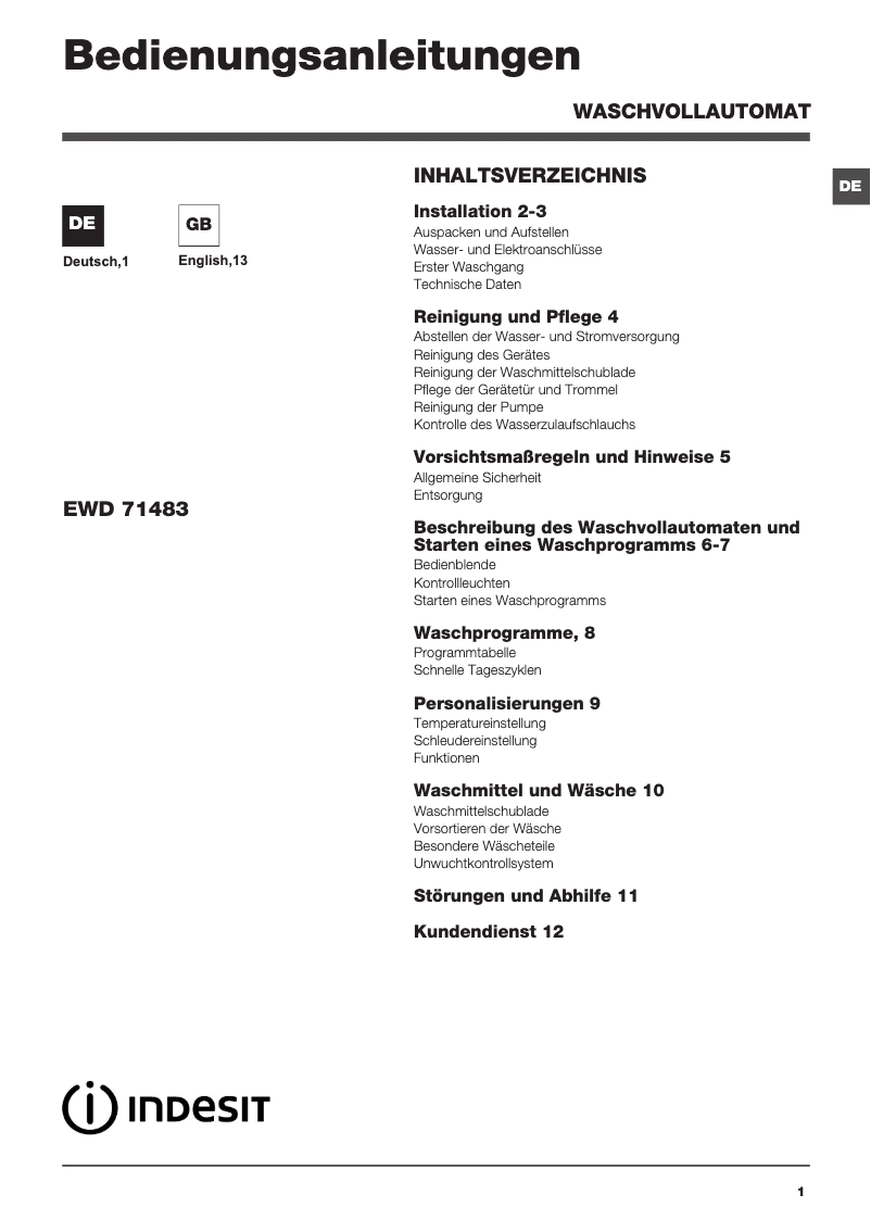 Page n°1 - Manuel utilisateur Indesit EWD 71483 W DE