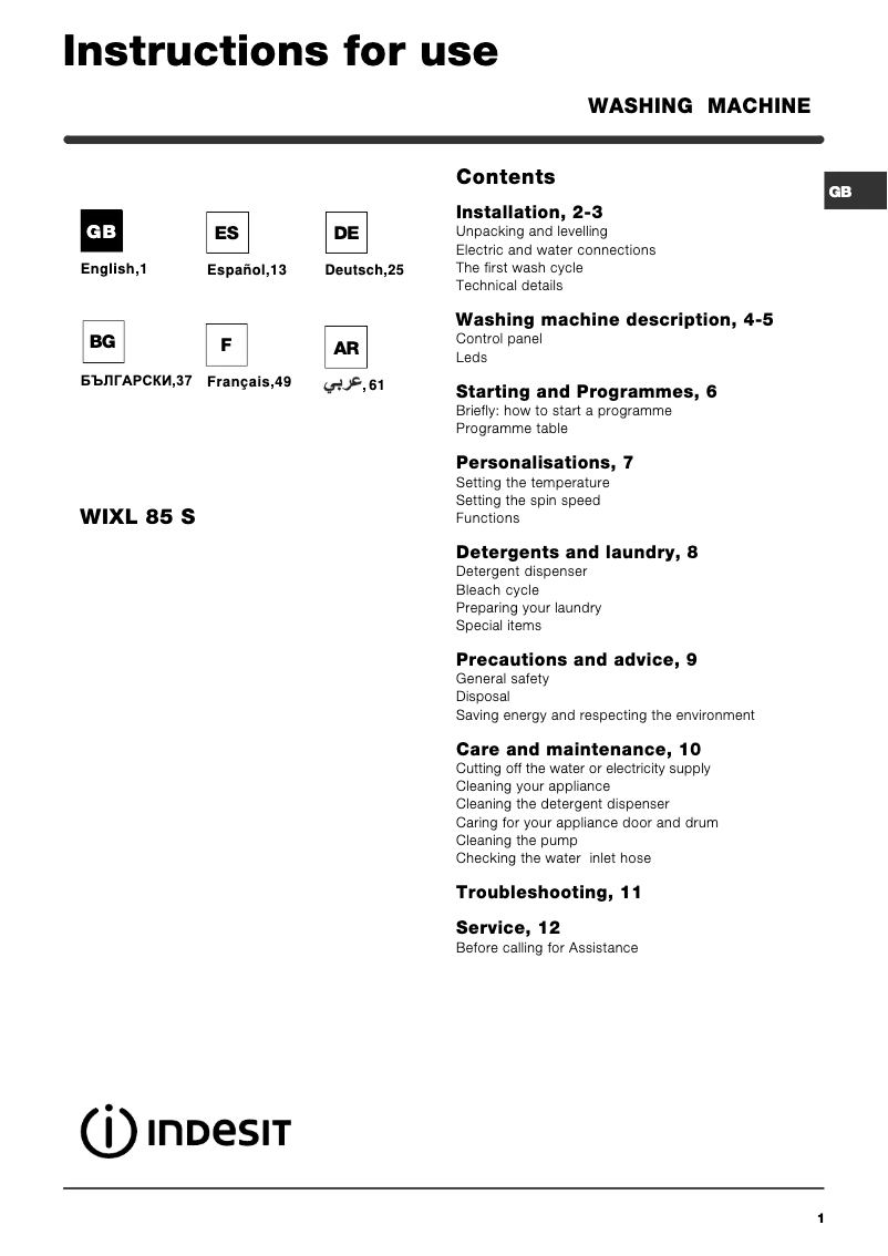 Image de la première page du manuel de l'appareil WIXL 85 S (EX)