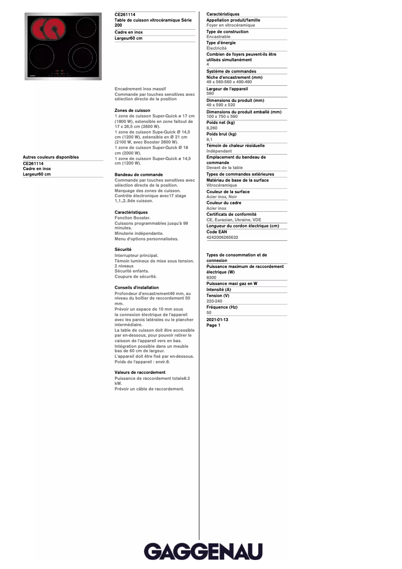 Page 1 de la notice Fiche technique Gaggenau CE261114