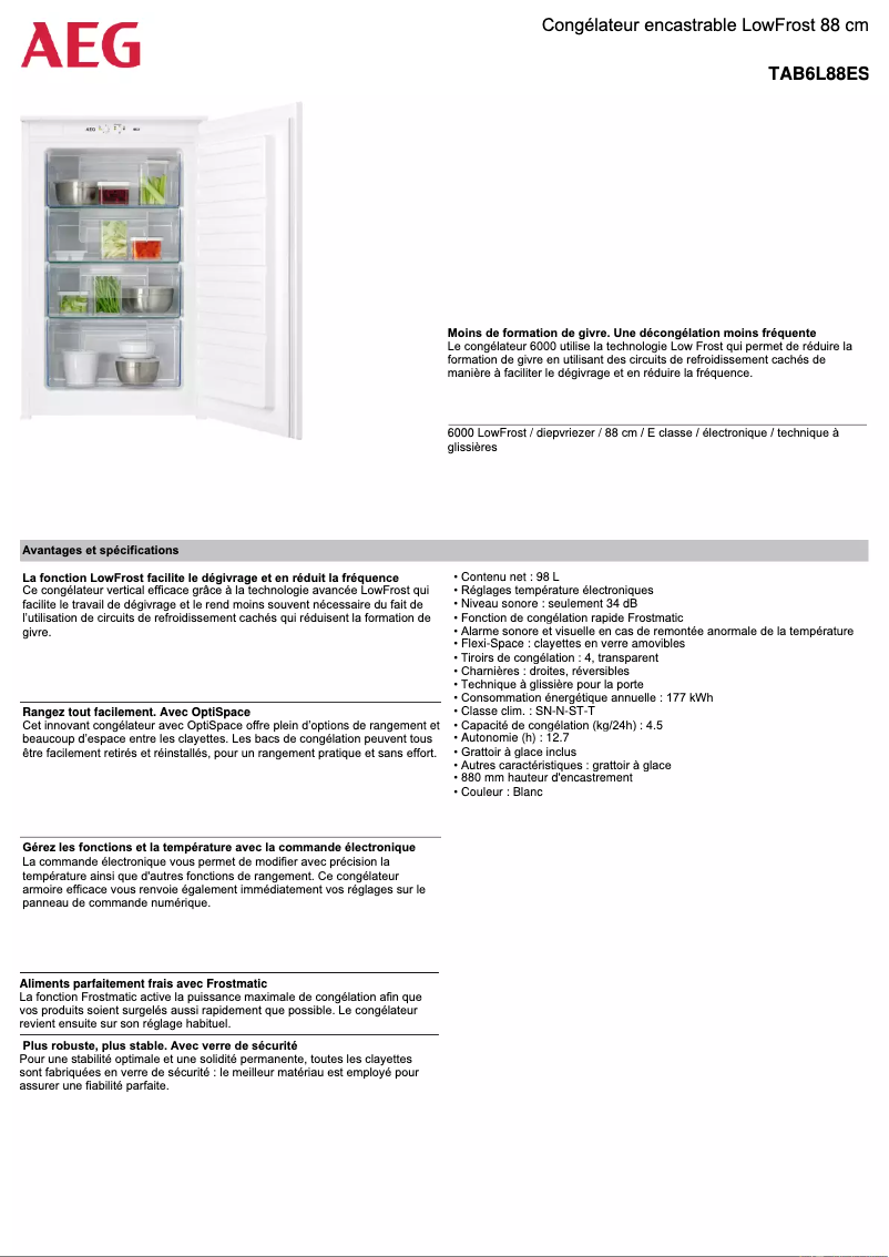 Page 1 de la notice Fiche technique AEG TAB6L88ES