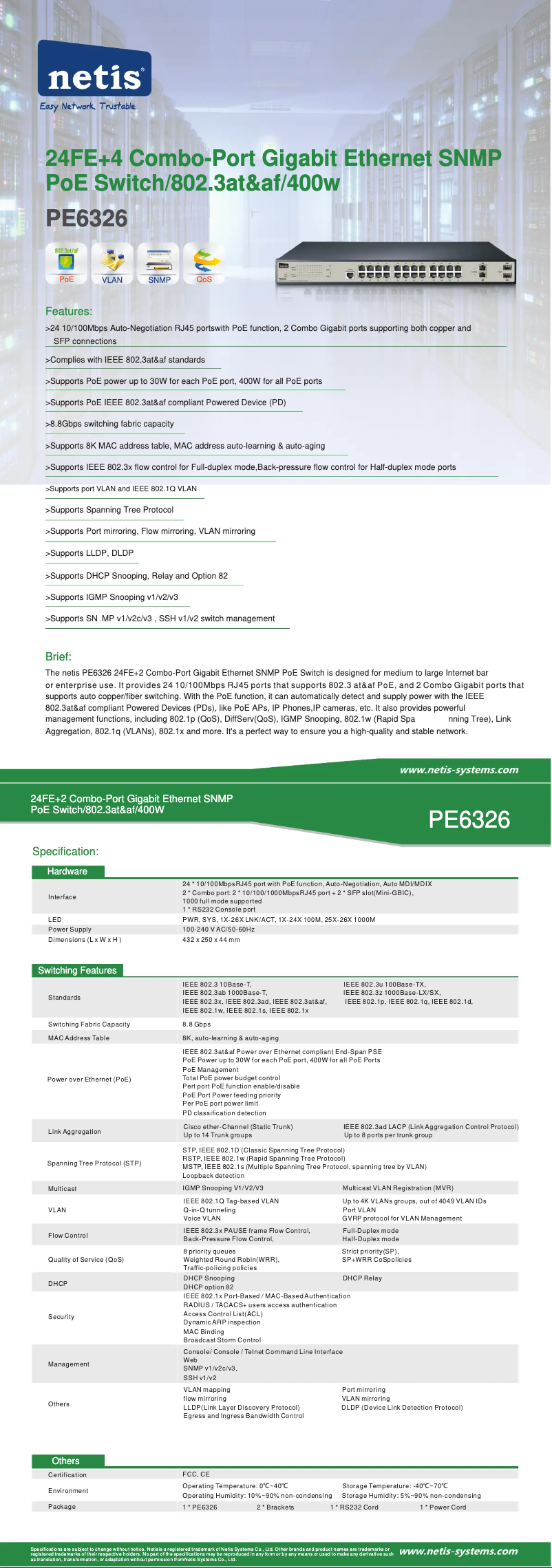 Page 1 de la notice Fiche technique Netis PE6326