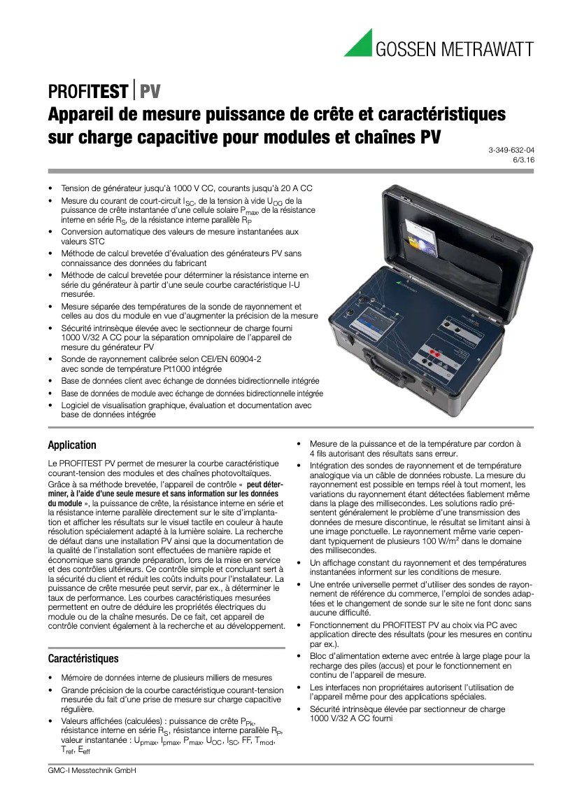 Page 1 de la notice Fiche technique Gossen Metrawatt PROFITEST PV