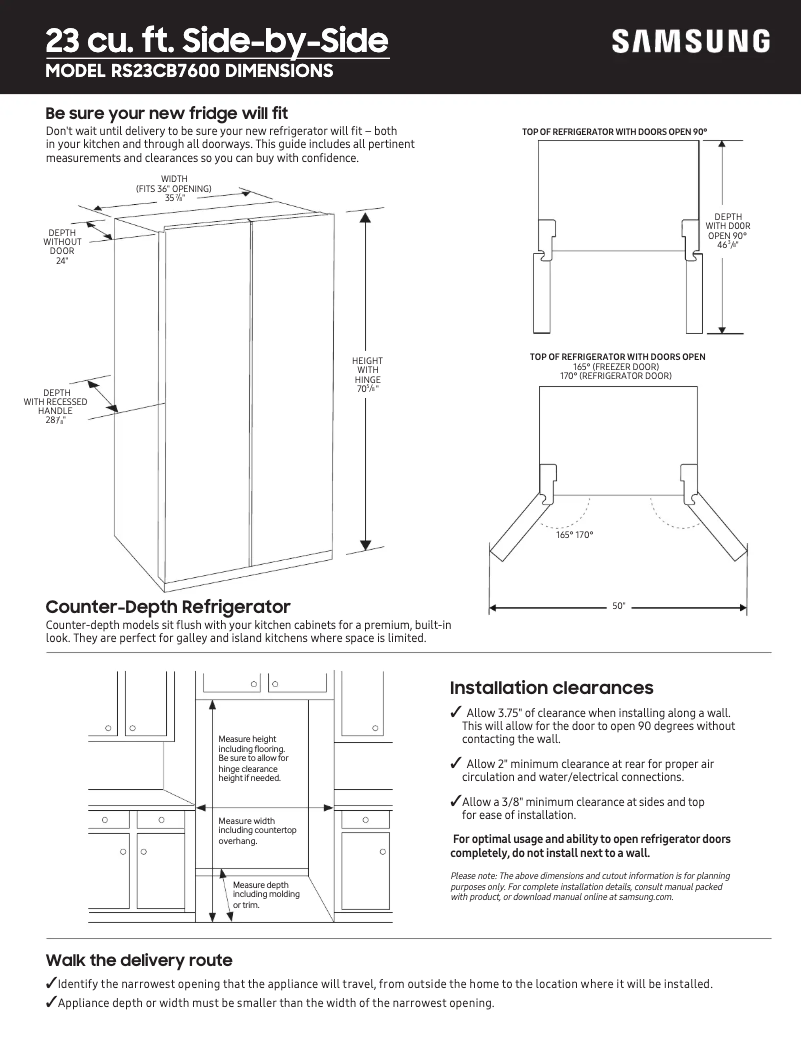 Page 1 de la notice Guide de mesure Samsung RS23CB760012