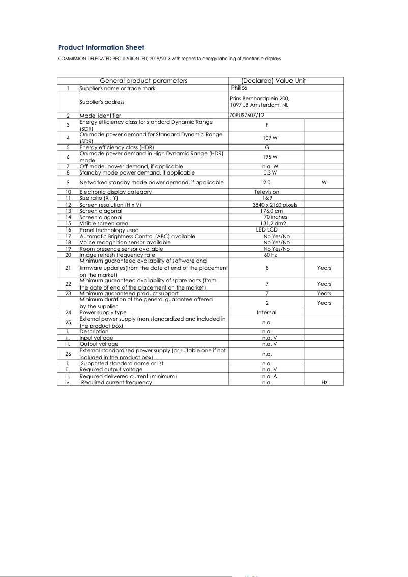 Page 1 de la notice Fiche technique Philips 70PUS7607