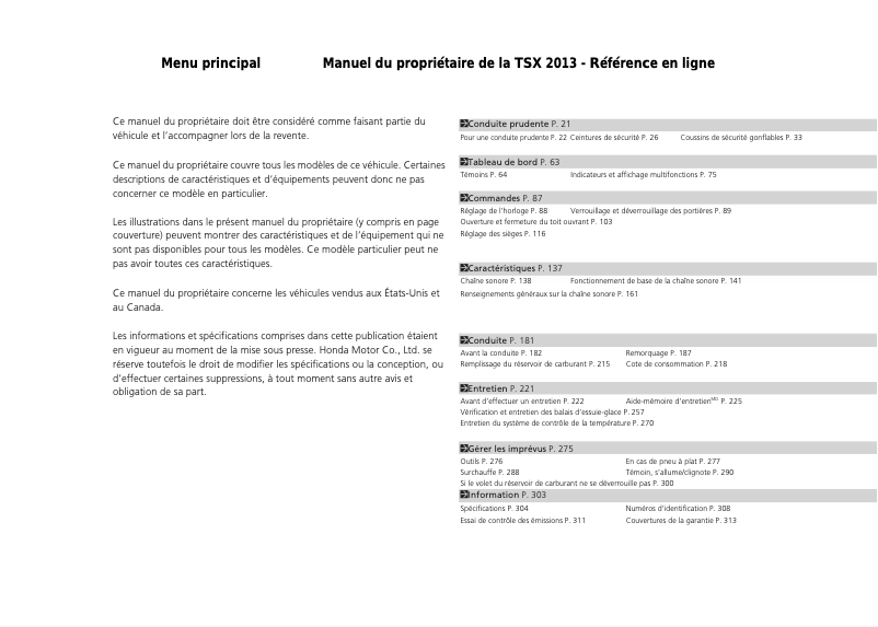 Page 1 de la notice Manuel utilisateur Acura TSX (2013)
