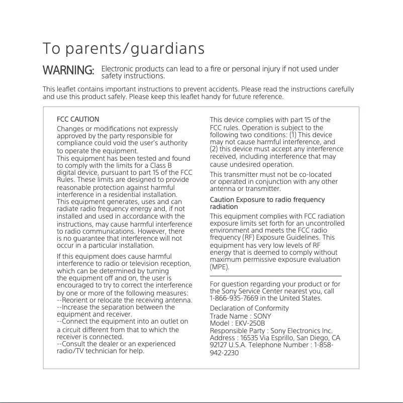 Page 1 de la notice Manuel utilisateur Sony KOOV EKV-250B
