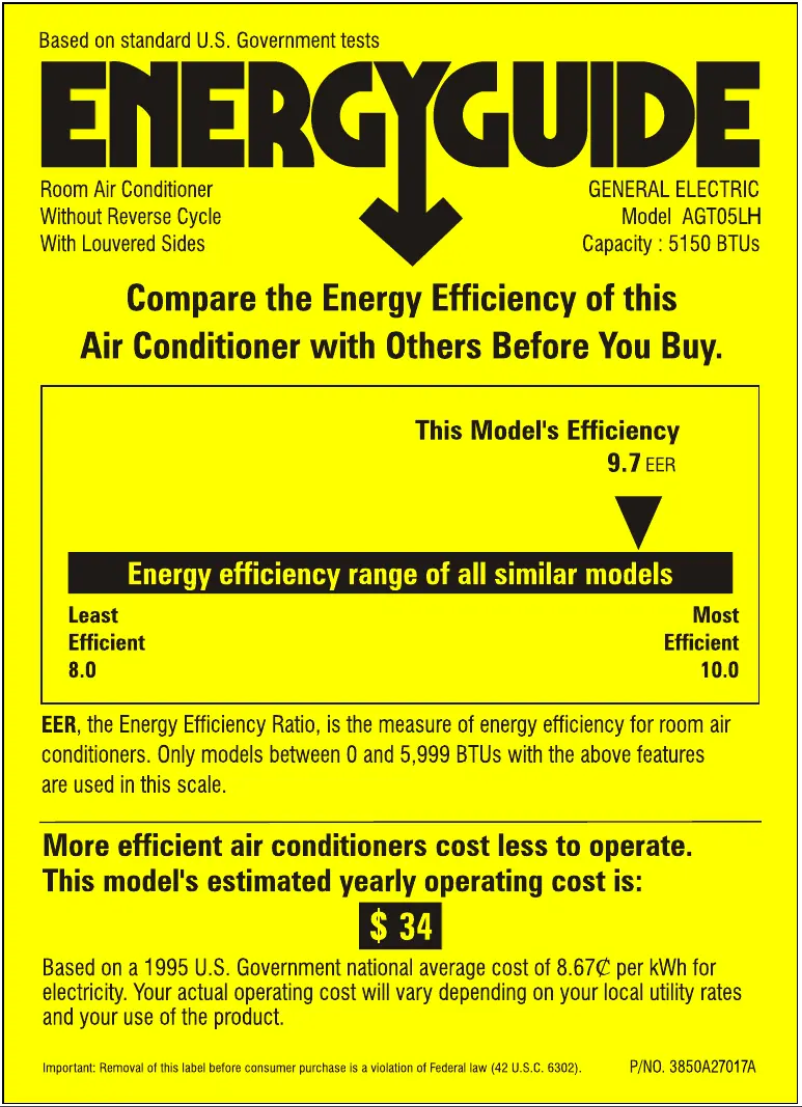 Page 1 de la notice Label énergétique GE AGT05LH