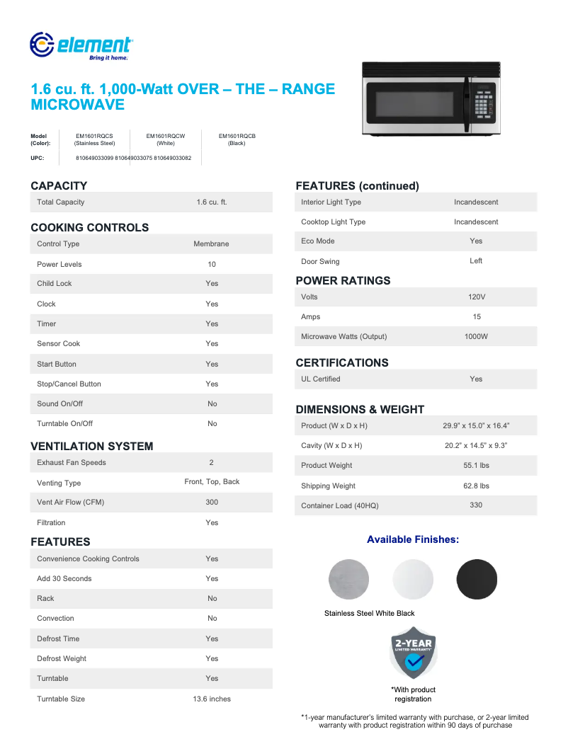 Page 1 de la notice Fiche technique Element EM1601RQCW