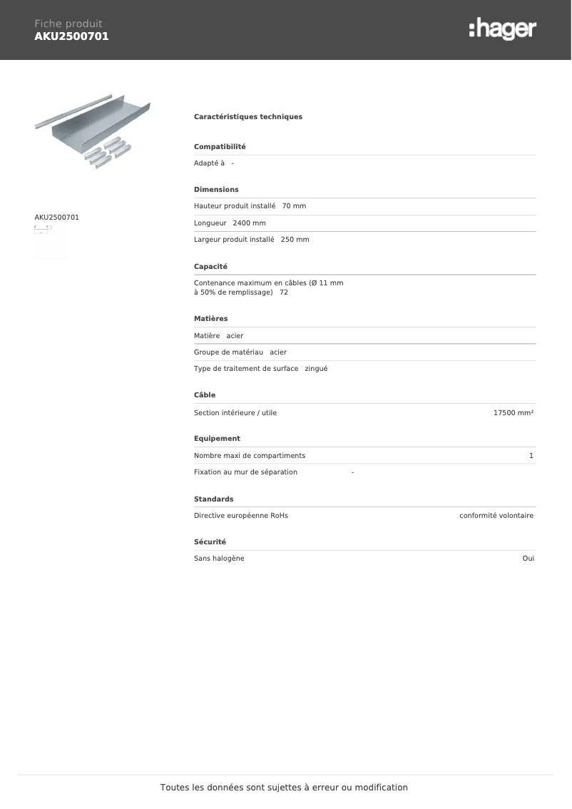 Page n°1 - Fiche technique Hager AKU2500701