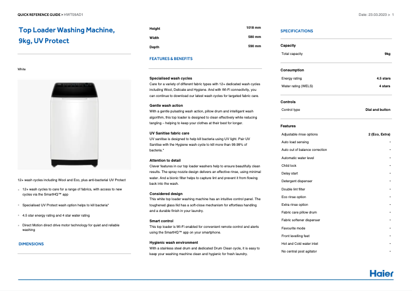 Page 1 de la notice Fiche technique Haier HWT09AD1