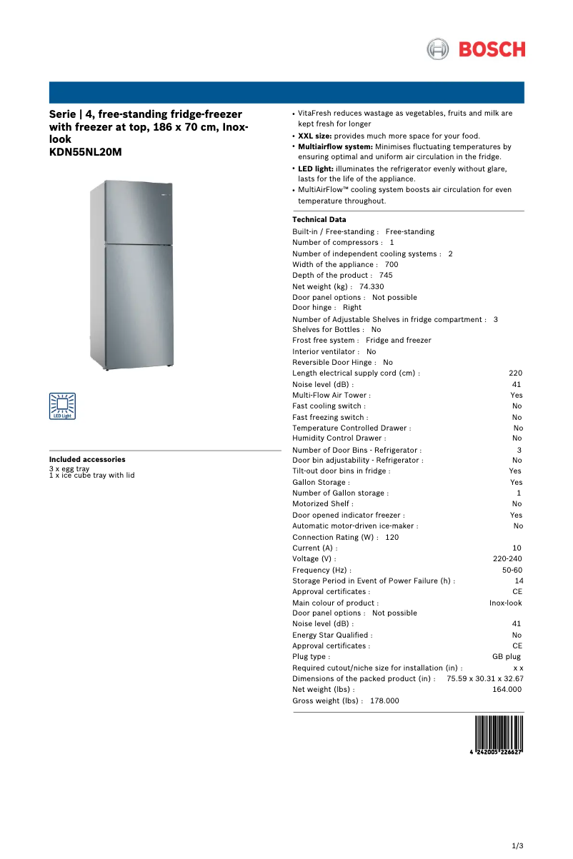 Page 1 de la notice Fiche technique Bosch KDN55NL20M
