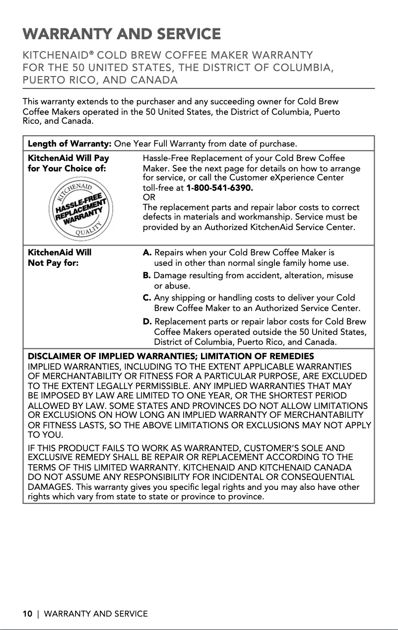 Page n°1 - Informations de garantie KitchenAid KCM4212SX