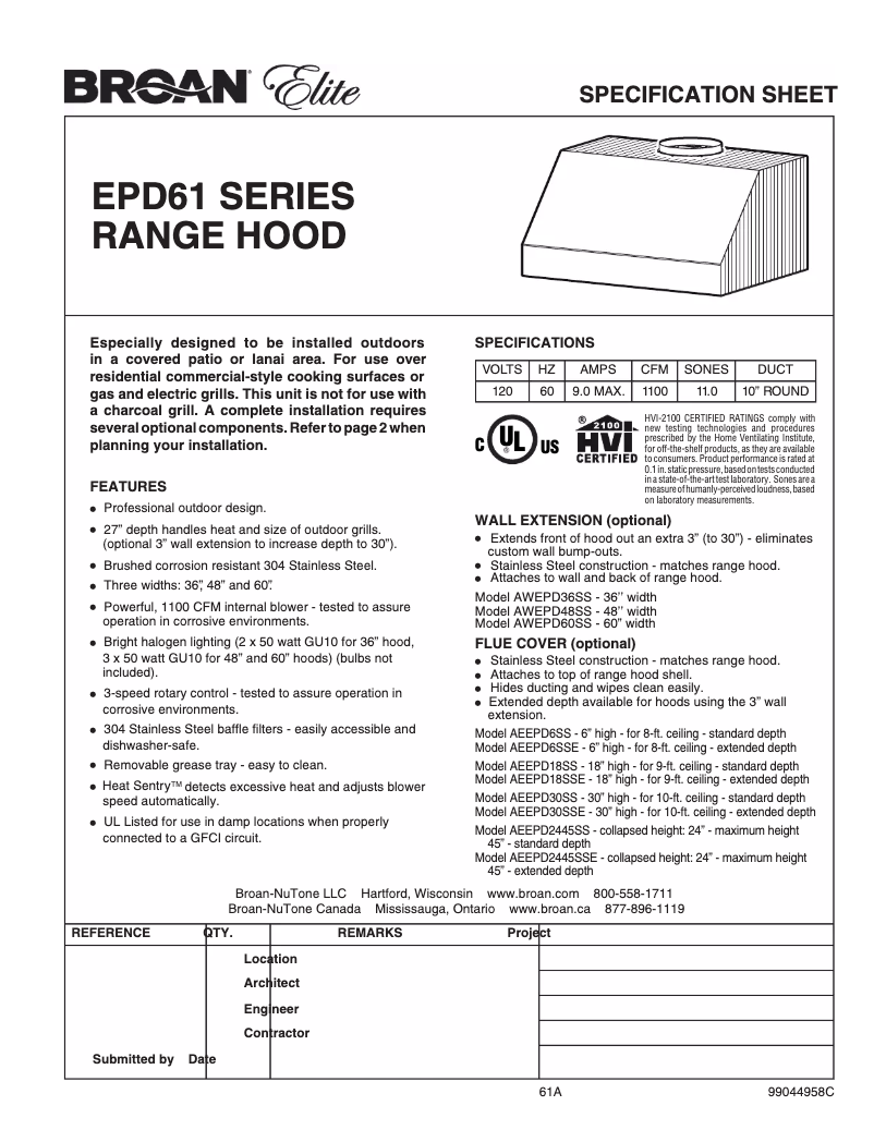 Page n°1 - Fiche technique Broan EPD61