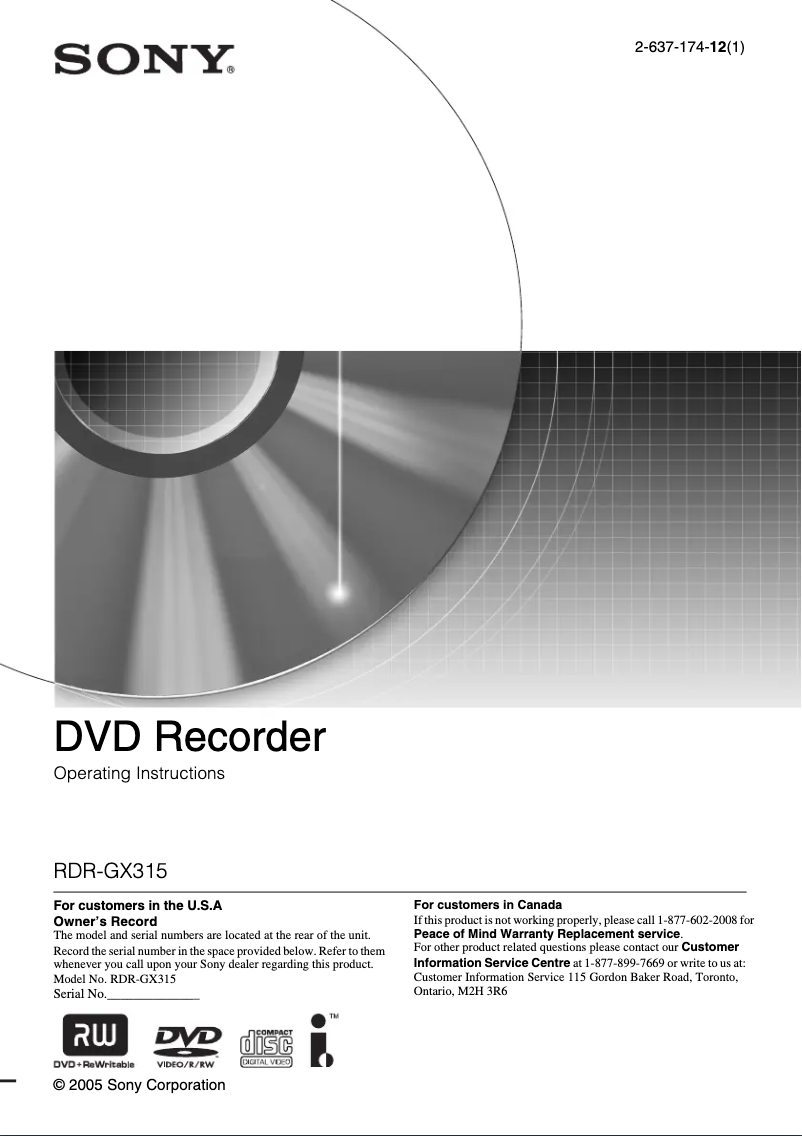 Page n°1 - Manuel utilisateur Sony RDR-GX315