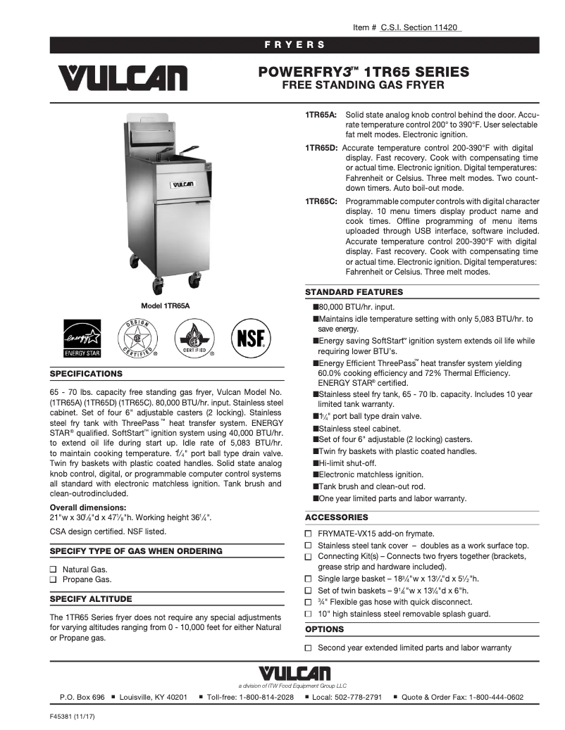 Page 1 de la notice Fiche technique Vulcan TR65