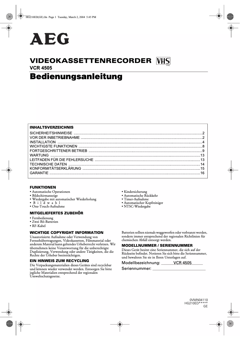 Imagen de la primera página del manual del dispositivo VCR 4505